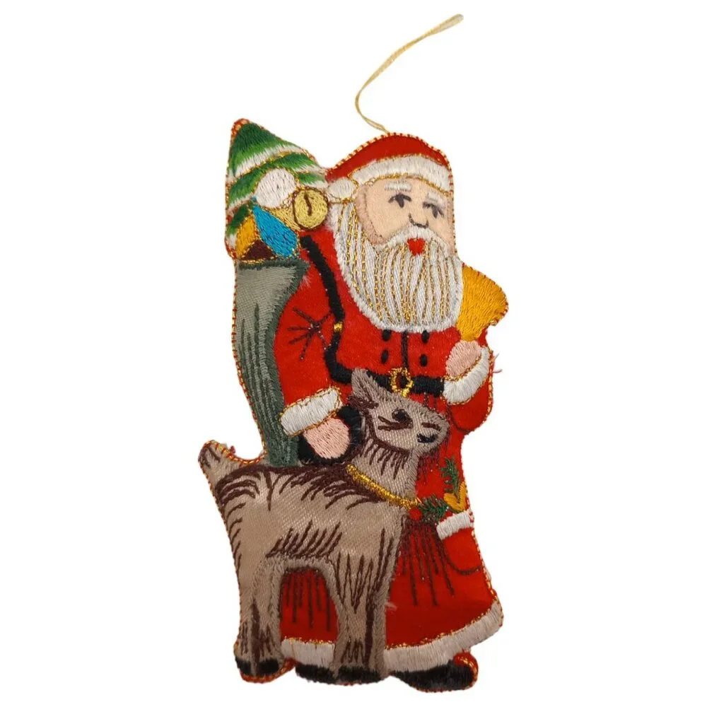 Vtg‎ Embroidered Holiday Christmas Ornament Gold Threads Lot 6 Santa Angel Bell